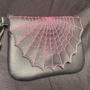 Black Faux Leather Wristlet w/ Pink Spiderweb Embroidery